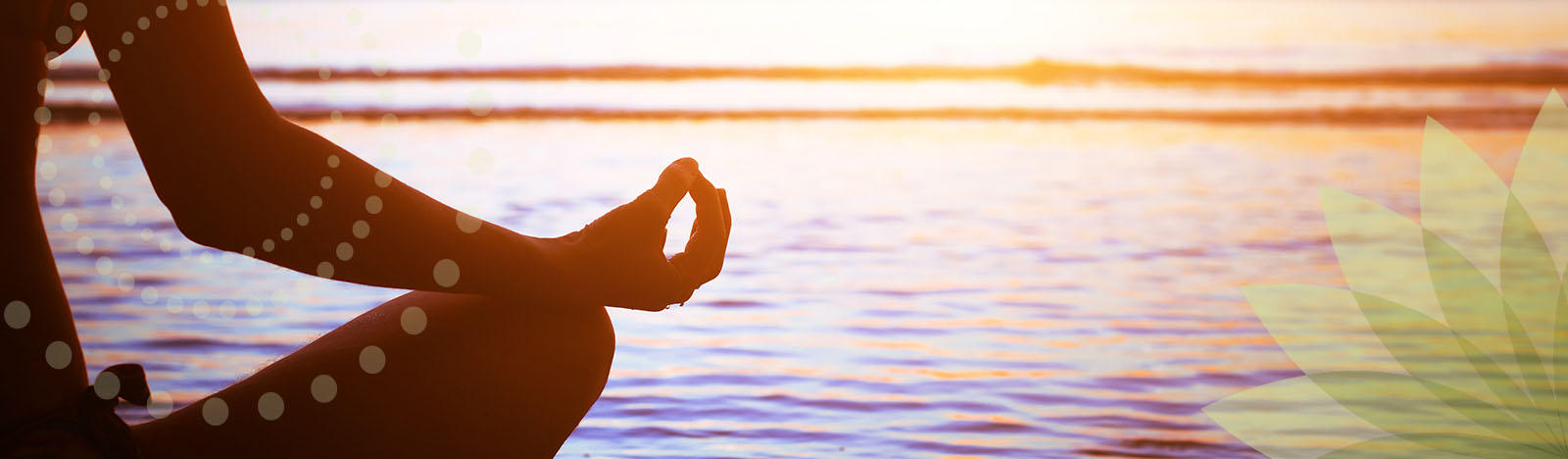 Serene calm water with person in yoga pose and green leaf illustration. Health, Wellness, Spa, Massage, Atlantic City